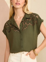 Love & Roses Khaki Green Linen Cutwork Roll Sleeve Utility Shirt - Image 1 of 4