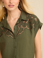 Love & Roses Khaki Green Linen Cutwork Roll Sleeve Utility Shirt - Image 2 of 4