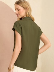 Love & Roses Khaki Green Linen Cutwork Roll Sleeve Utility Shirt - Image 3 of 4