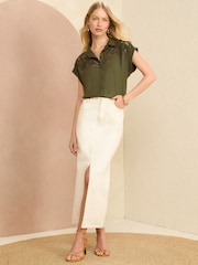 Love & Roses Khaki Green Linen Cutwork Roll Sleeve Utility Shirt - Image 4 of 4