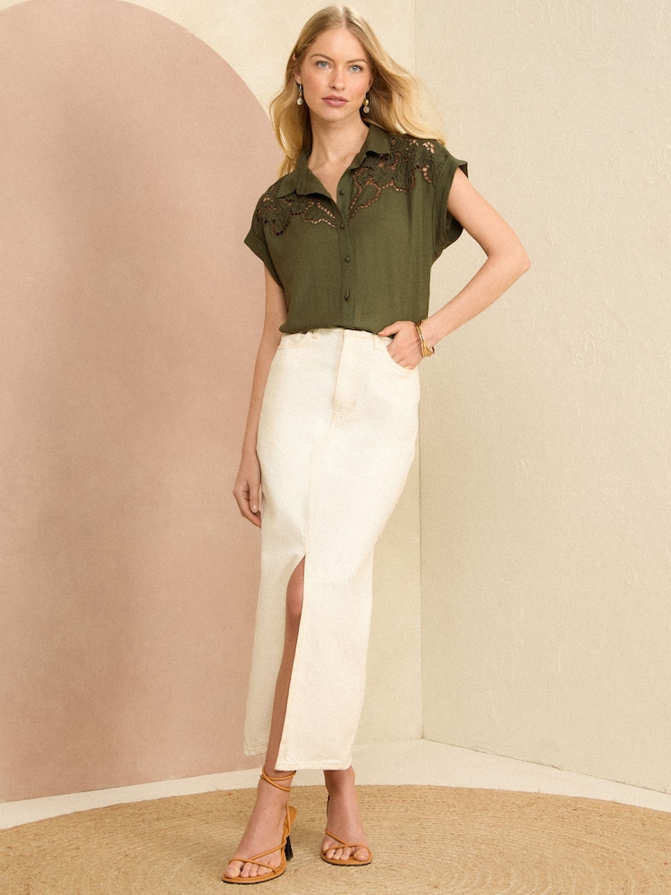 Love & Roses Khaki Green Linen Cutwork Roll Sleeve Utility Shirt - Image 4 of 4