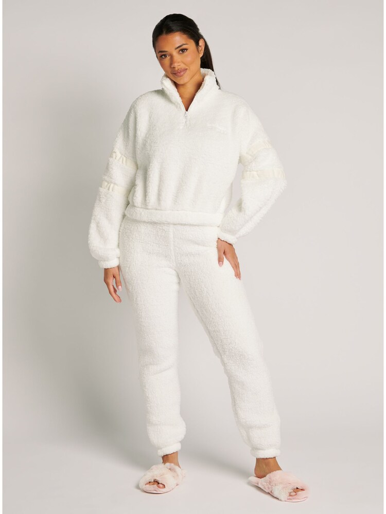 Boux Avenue Cream Panelled Tape Long Fleece Borg Pyjamas Lounge Set - Image 1 of 4