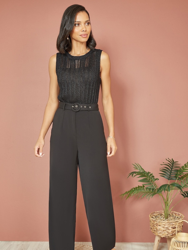 Yumi Black Straight Leg Crepe Trousers With Belt - Image 1 of 5