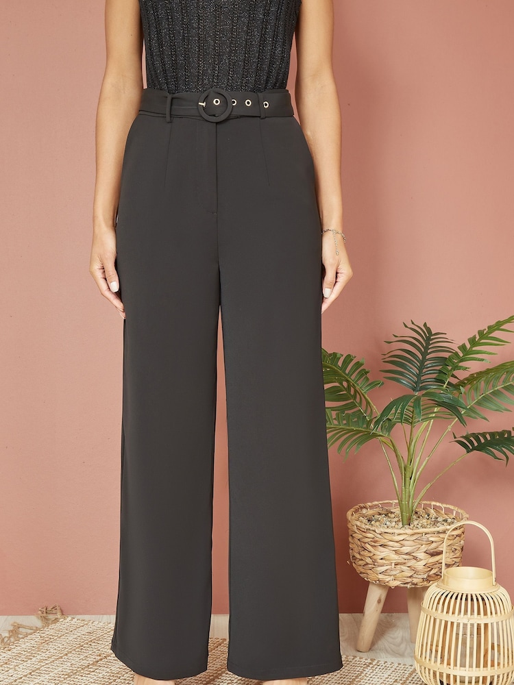 Yumi Black Straight Leg Crepe Trousers With Belt - Image 2 of 5