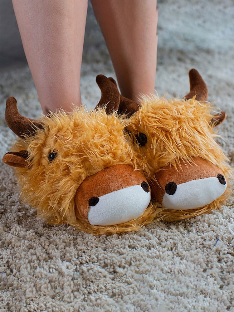 MenKind Brown Fuzzy Friends Highland Cow Slippers - Image 1 of 4