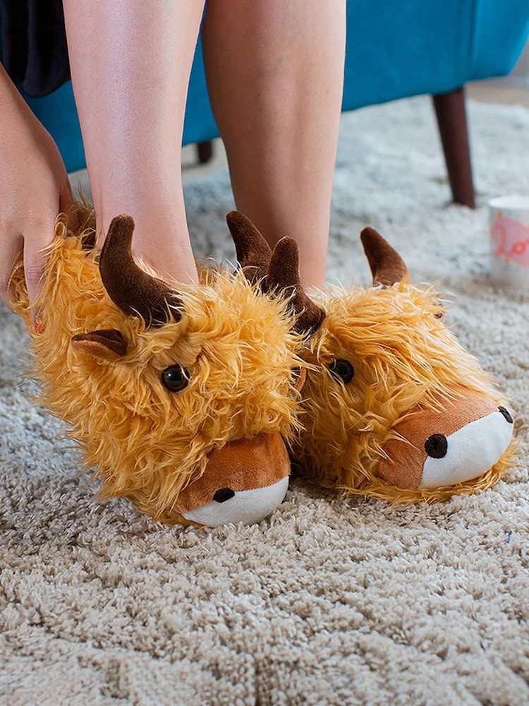 MenKind Brown Fuzzy Friends Highland Cow Slippers - Image 2 of 4