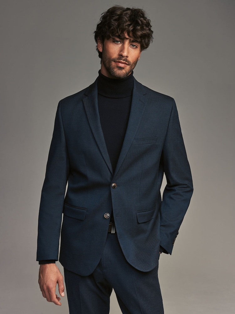 Navy Blue Herringbone Regular Fit Suit Jacket - Image 1 of 1