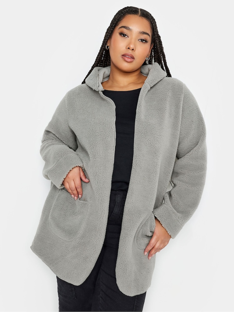Yours Curve Grey Teddy Hooded Jacket - Image 1 of 4