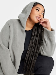 Yours Curve Grey Teddy Hooded Jacket - Image 4 of 4
