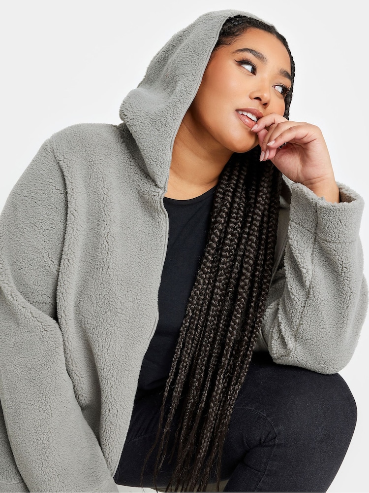Yours Curve Grey Teddy Hooded Jacket - Image 4 of 4