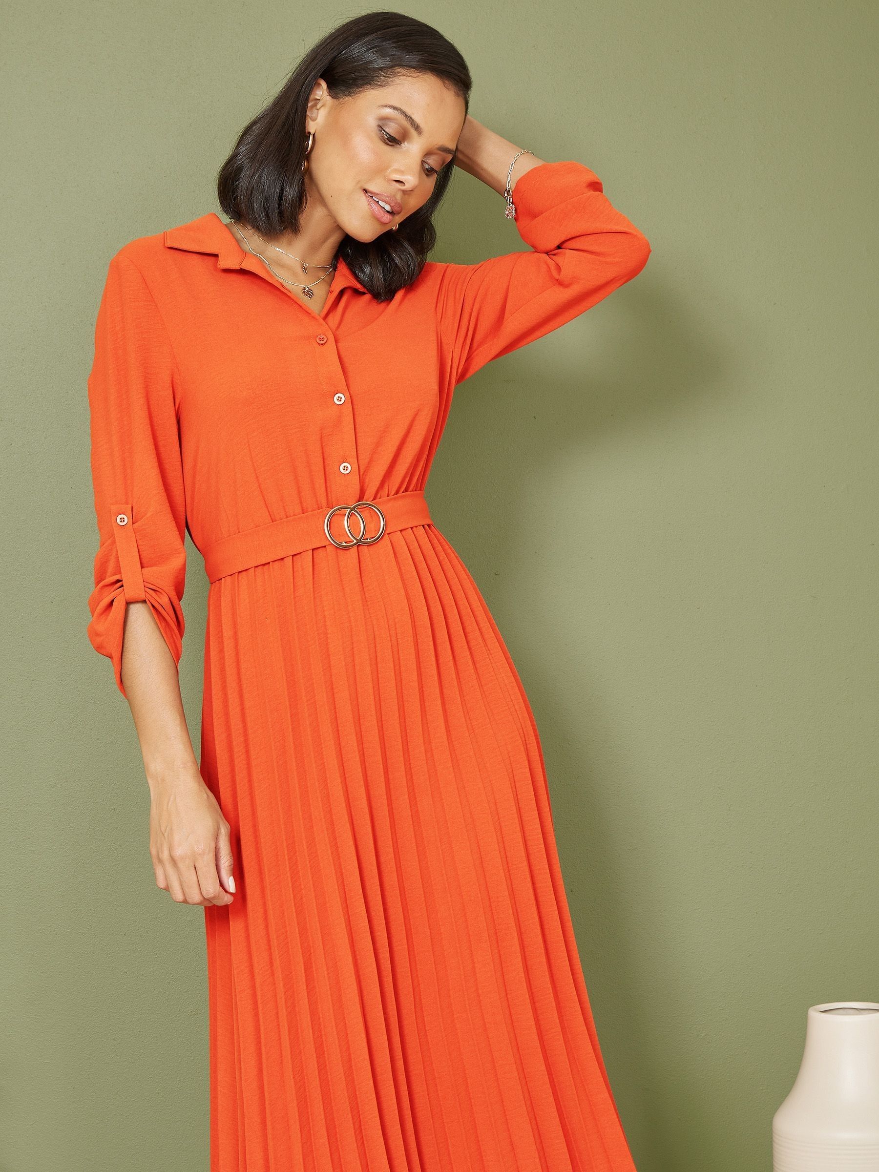 Buy Mela Orange Pleated Skirt Midi Dress With Belt Buckle from Next Lithuania