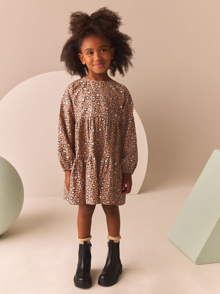 Animal Print Long Sleeve Tiered 100% Cotton Dress (3-16yrs) - Image 1 of 8