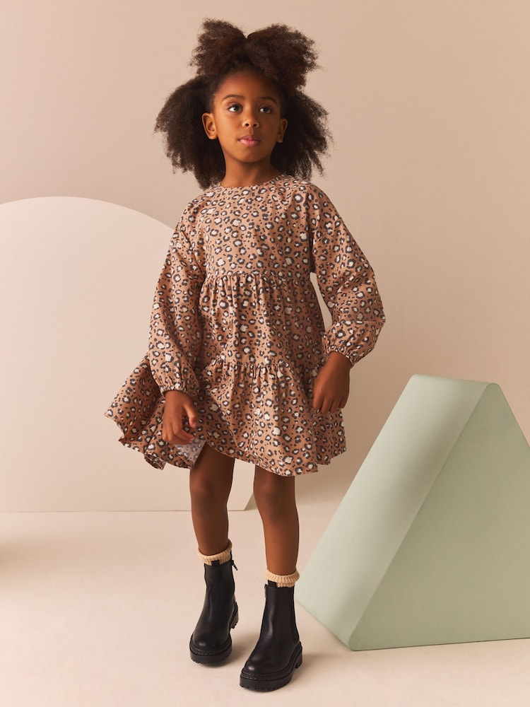 Animal Print Long Sleeve Tiered 100% Cotton Dress (3-16yrs) - Image 2 of 8