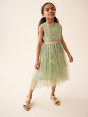 Green Floral Embroidered Mesh Tie Back Party Dress (3-12yrs) - Image 1 of 4