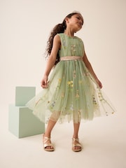 Green Floral Embroidered Mesh Tie Back Party Dress (3-12yrs) - Image 2 of 4