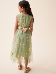 Green Floral Embroidered Mesh Tie Back Party Dress (3-12yrs) - Image 3 of 4