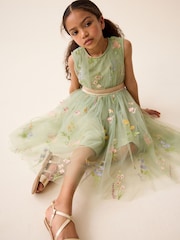 Green Floral Embroidered Mesh Tie Back Party Dress (3-12yrs) - Image 4 of 4