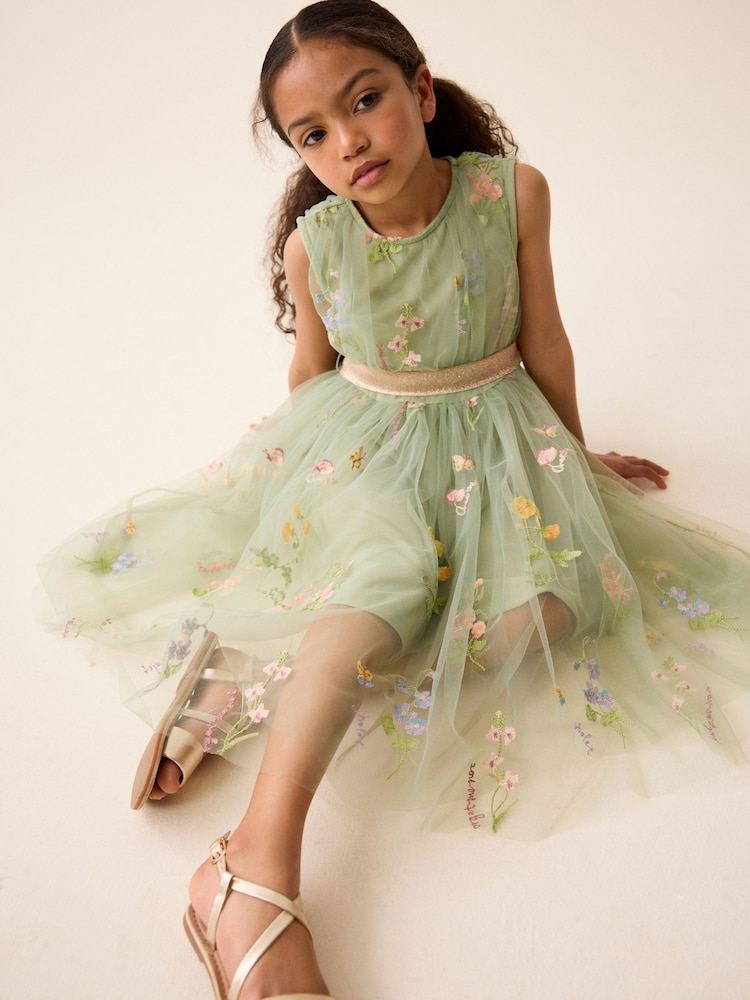 Green Floral Embroidered Mesh Tie Back Party Dress (3-12yrs) - Image 4 of 4