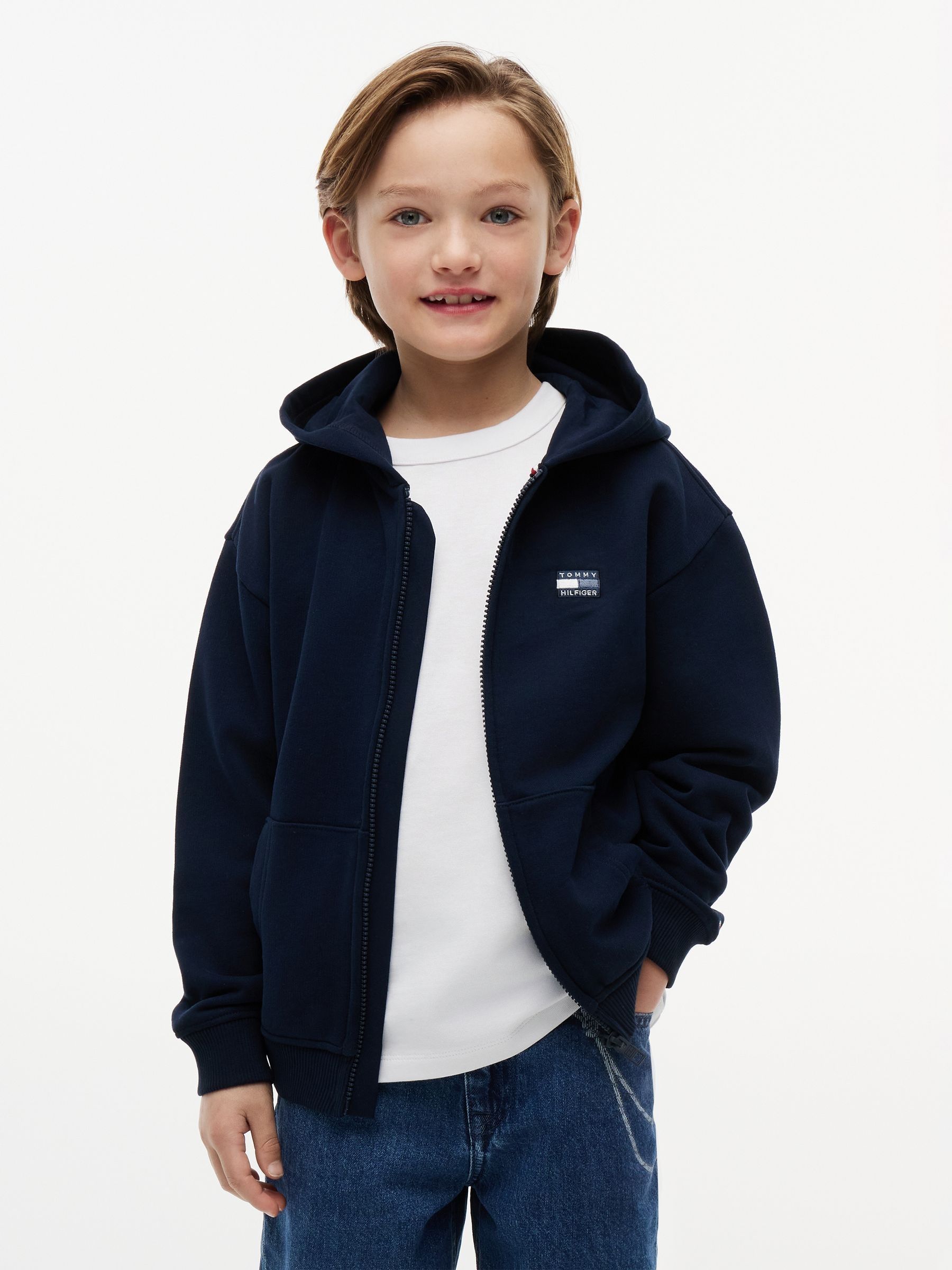 Buy Tommy Hilfiger Navy Blue Tonal Flag Logo Terry Zip-Thru Hoodie