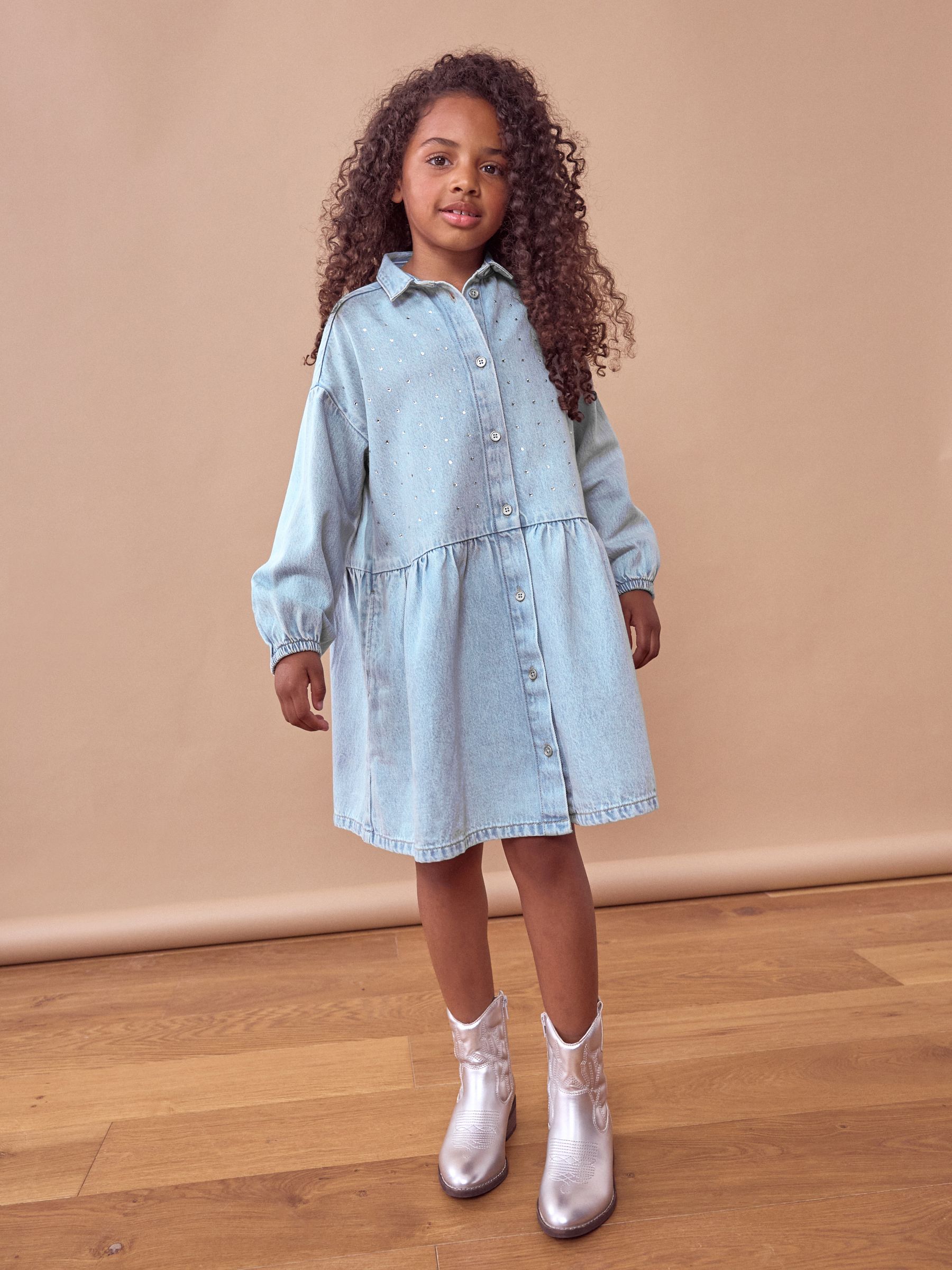 Buy Blue Diamante Denim 100% Cotton Dress (3-16yrs) from Next Luxembourg