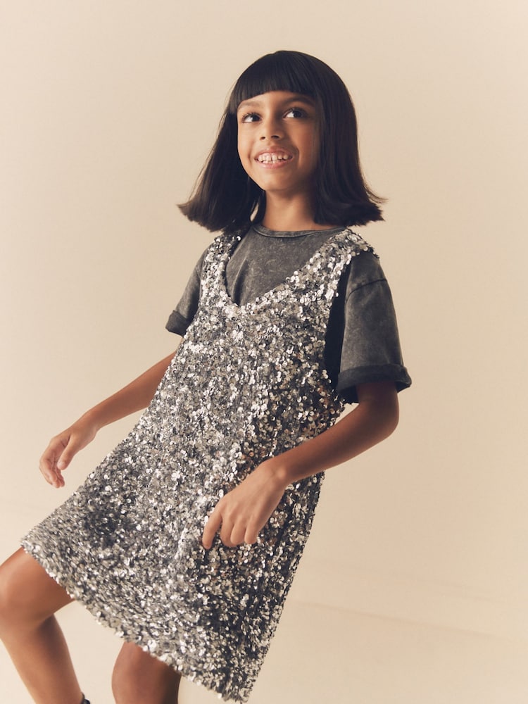 Silver Sequin Pinafore Dress And T-Shirt Set (3-16yrs) - Image 1 of 7