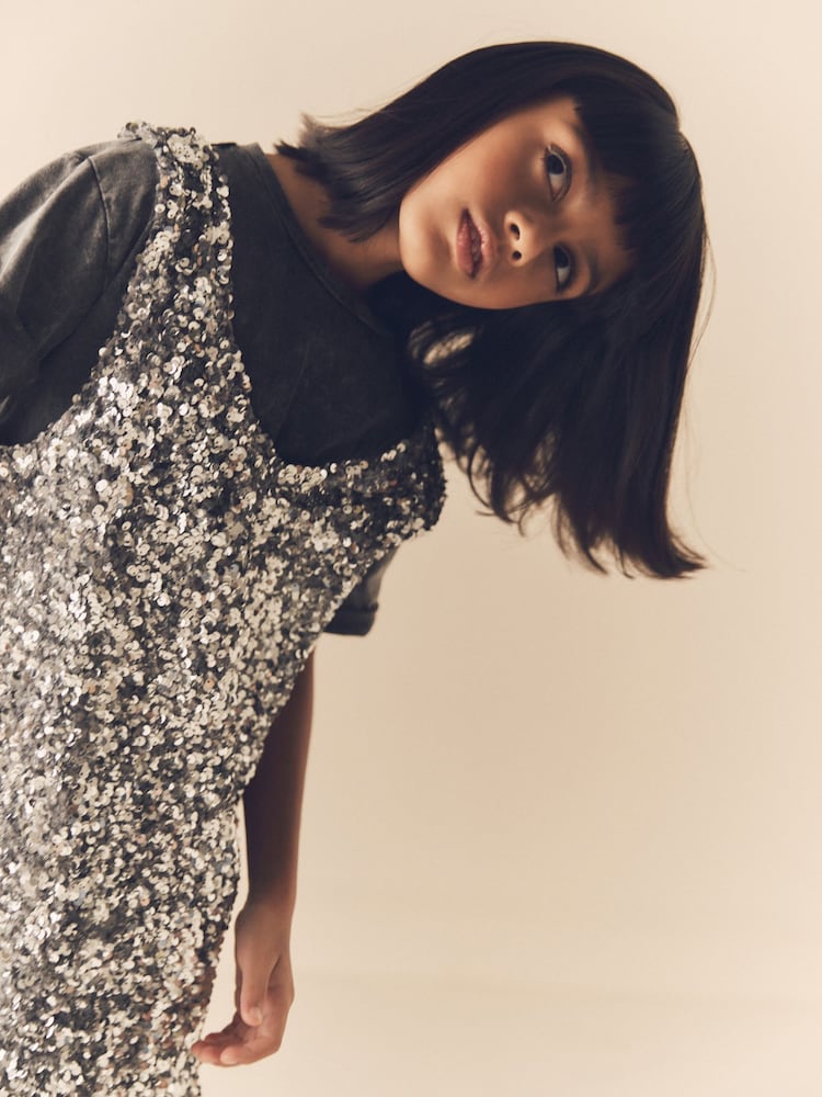 sequin pinafore dress Buy Silver Sequin Pinafore Dress And T-Shirt Set (3-16yrs) from Next Oman
