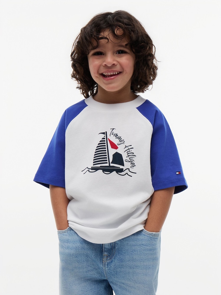 Tommy Hilfiger Blue Logo Colour-Blocked Raglan Sleeve T-Shirt - Image 1 of 5