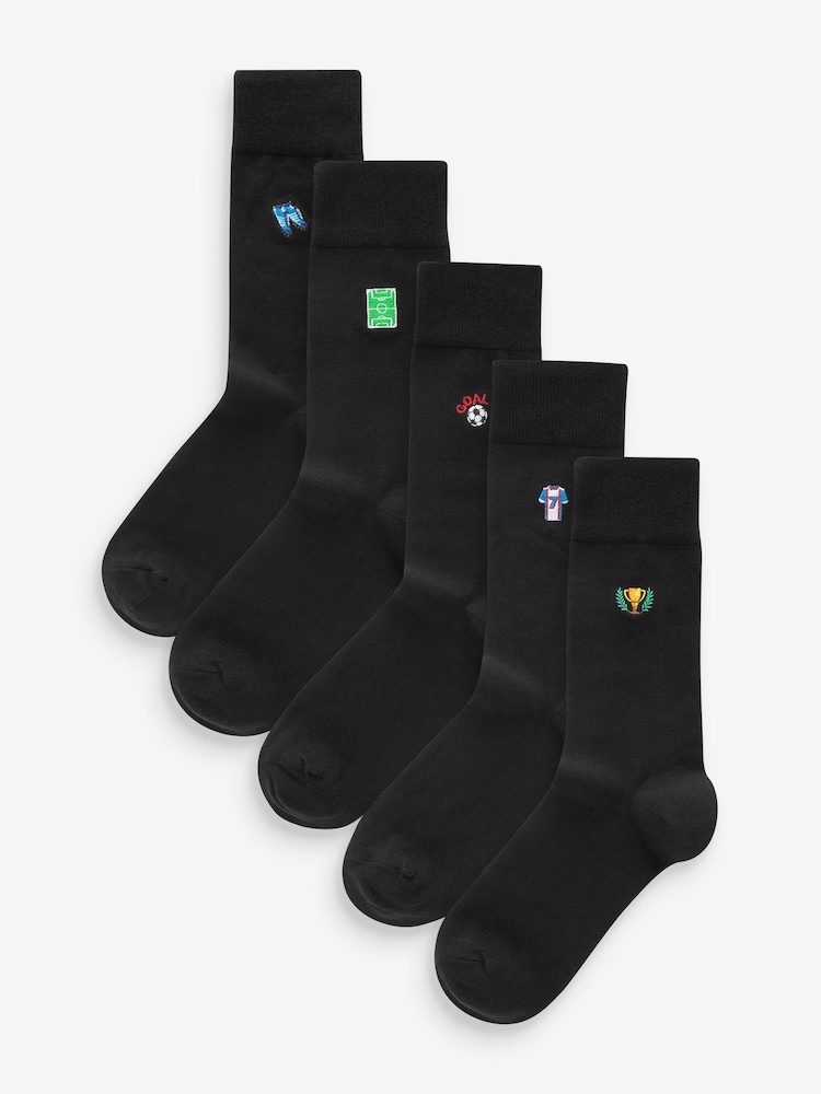 Black Football Fun Embroidered Socks 5 Pack - Image 1 of 8