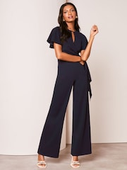 Lipsy Navy Flutter Sleeve Tie Side Wide Leg Jumpsuit - Image 1 of 4