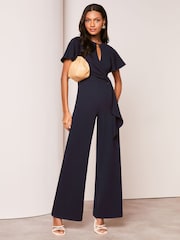 Lipsy Navy Flutter Sleeve Tie Side Wide Leg Jumpsuit - Image 3 of 4