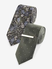 Forest Green Floral/Polka Dot Design Ties And Tie Clip 2 Pack - Image 1 of 7