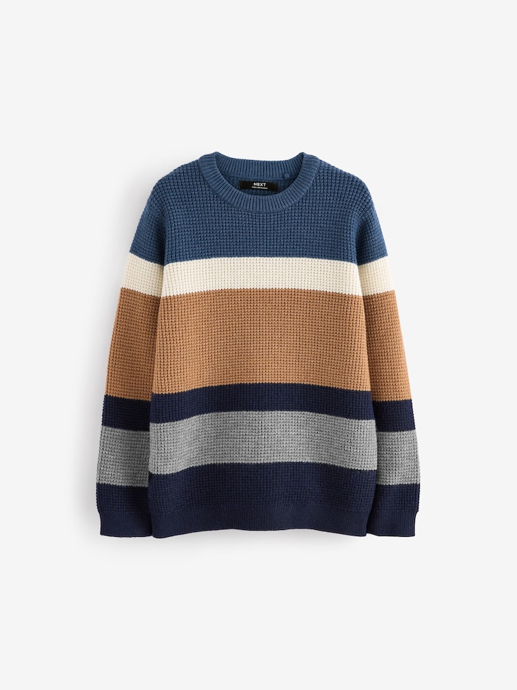 Blue/Neutral Stripe Knitted Crew Neck Jumper (3-16yrs) - Image 1 of 3 Blue/Neutral Stripe Knitted Crew Neck Jumper (3-16yrs) - Image 1 of 3