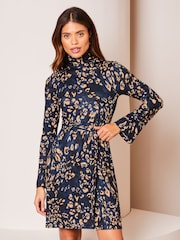 Lipsy Navy Blue Jersey Tie Waist High Neck Long Sleeve Shift Mini Dress - Image 1 of 4