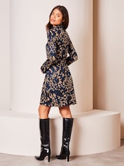 Lipsy Navy Blue Jersey Tie Waist High Neck Long Sleeve Shift Mini Dress - Image 2 of 4