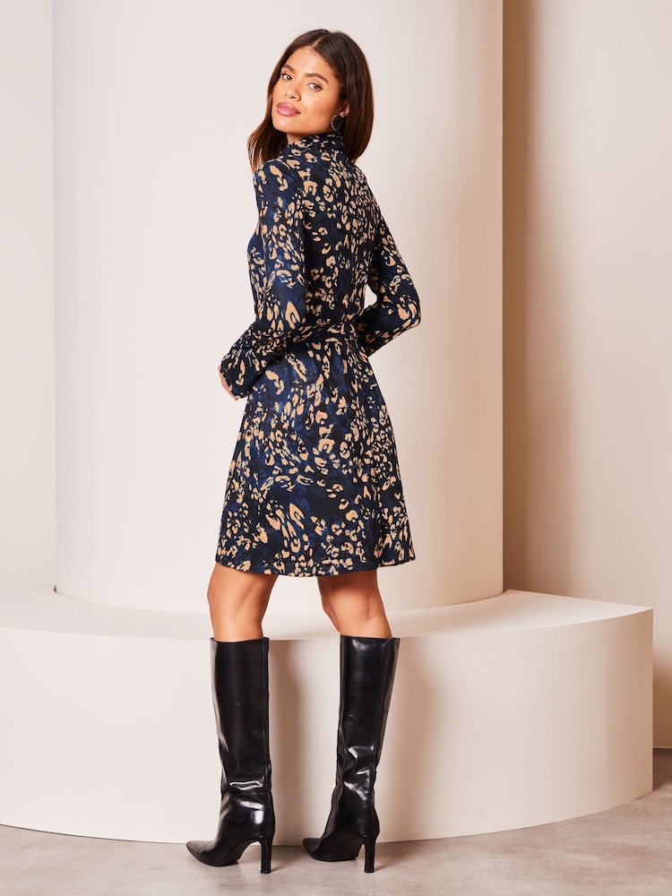 Lipsy Navy Blue Jersey Tie Waist High Neck Long Sleeve Shift Mini Dress - Image 2 of 4 Lipsy Navy Blue Jersey Tie Waist High Neck Long Sleeve Shift Mini Dress - Image 2 of 4
