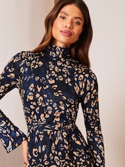 Lipsy Navy Blue Jersey Tie Waist High Neck Long Sleeve Shift Mini Dress - Image 4 of 4