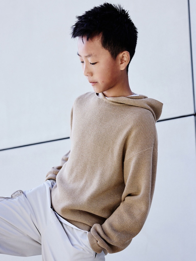 Tan Brown Knitted Hoodie (3-16yrs) - Image 1 of 6 Tan Brown Knitted Hoodie (3-16yrs) - Image 1 of 6