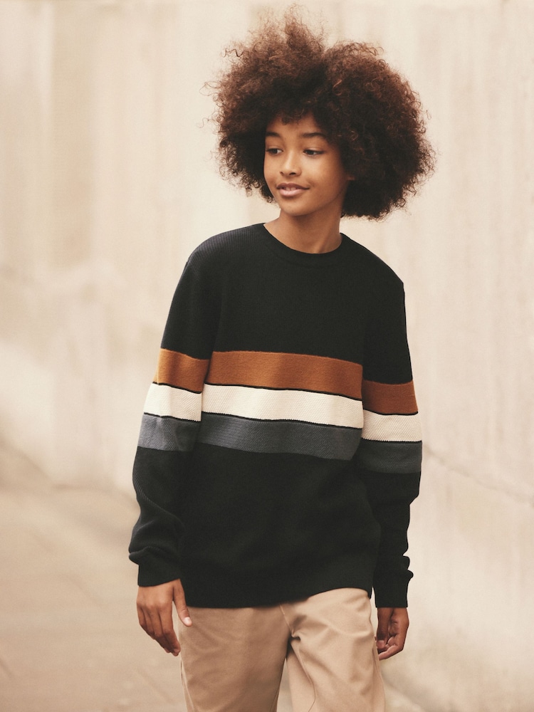 Neutral/Navy Stripe Long Sleeve 100% Cotton Crew Neck Jumper (3-16yrs) - Image 1 of 8