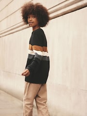 Neutral/Navy Stripe Long Sleeve 100% Cotton Crew Neck Jumper (3-16yrs) - Image 3 of 8