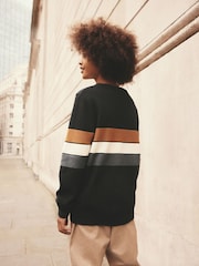 Neutral/Navy Stripe Long Sleeve 100% Cotton Crew Neck Jumper (3-16yrs) - Image 4 of 8