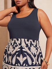 Lipsy Navy Blue Curve Hybrid Shirred Waist Summer Holiday Maxi Dress - Image 4 of 4