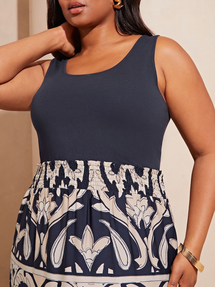 Lipsy Navy Blue Curve Hybrid Shirred Waist Summer Holiday Maxi Dress - Image 4 of 4