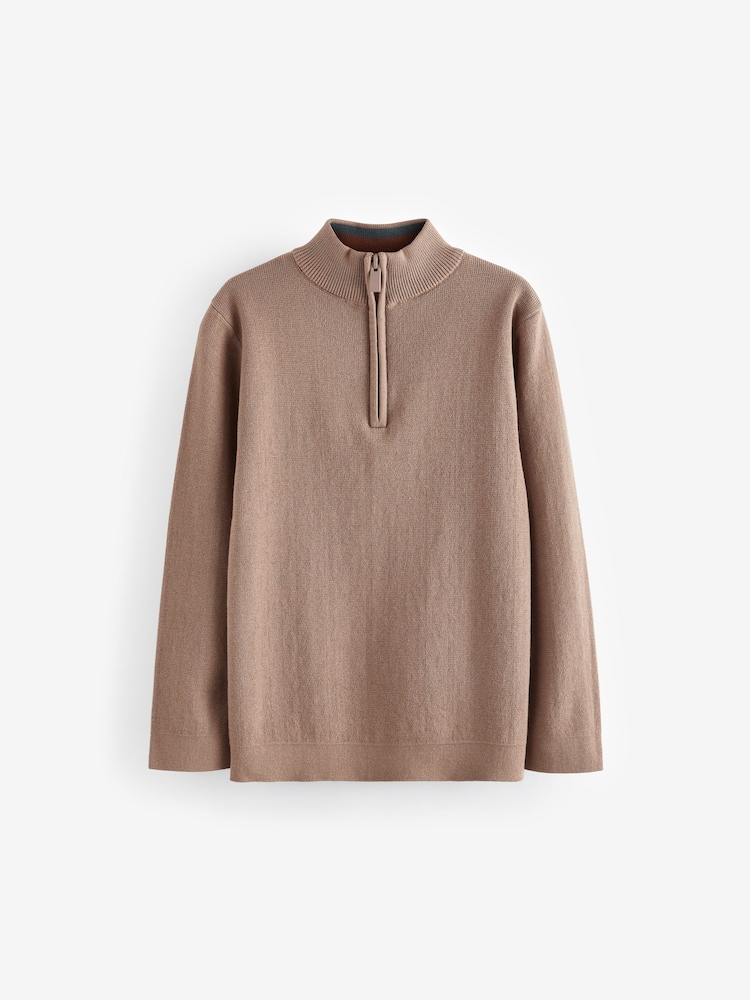 Tan Brown Quarter Zip 100% Cotton Jumper (3-16yrs) - Image 1 of 3