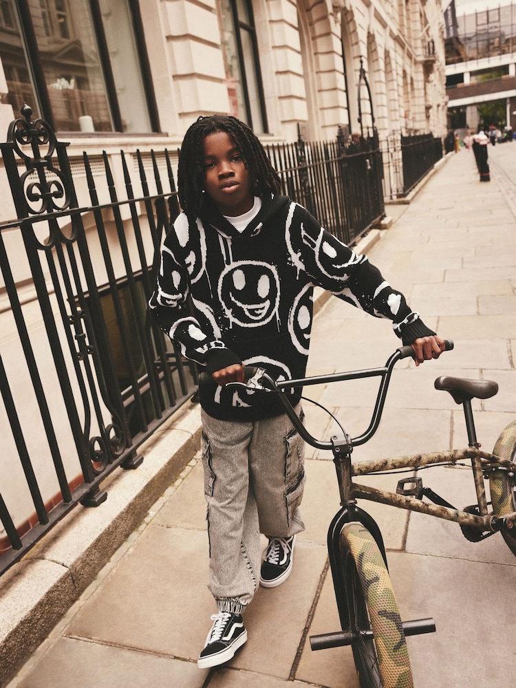 Faces Black Long Sleeve Knitted 100% Cotton Hoodie (3-16yrs) - Image 1 of 6