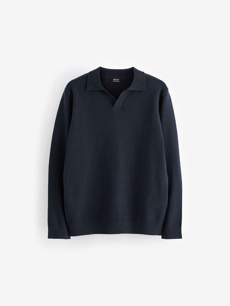 Navy Blue Trophy Neck Knitted Long Sleeve Polo Shirt (3-16yrs) - Image 1 of 3