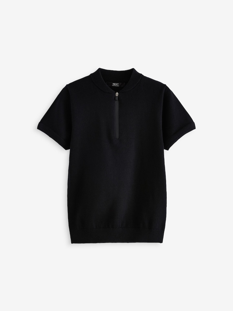 Black 100% Cotton Knitted Quarter Zip Polo Shirt (3-16yrs) - Image 1 of 4