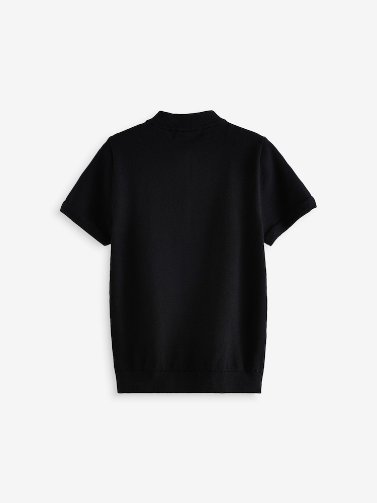 Black 100% Cotton Knitted Quarter Zip Polo Shirt (3-16yrs) - Image 2 of 4 Black 100% Cotton Knitted Quarter Zip Polo Shirt (3-16yrs) - Image 2 of 4