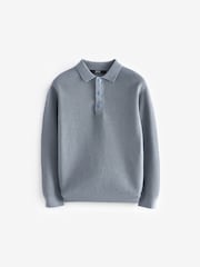 Blue Long Sleeve 100% Cotton Textured Polo Shirt (3-16yrs) - Image 1 of 3