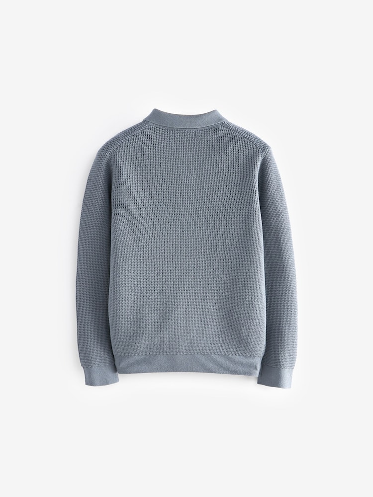 Blue Long Sleeve 100% Cotton Textured Polo Shirt (3-16yrs) - Image 2 of 3
