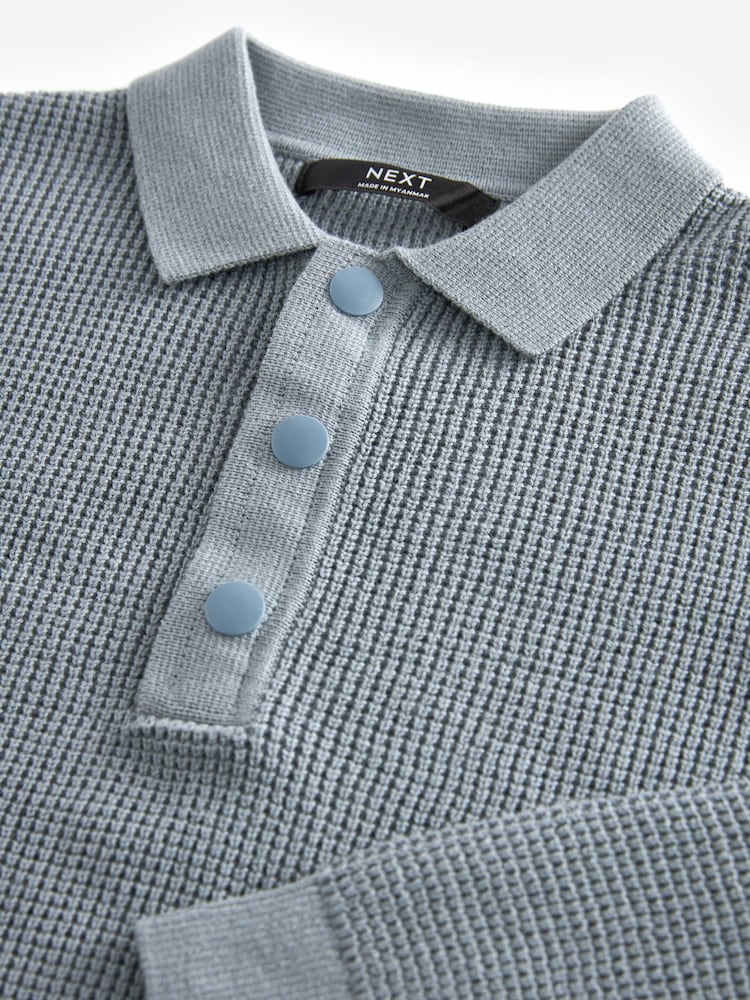 Blue Long Sleeve 100% Cotton Textured Polo Shirt (3-16yrs) - Image 3 of 3